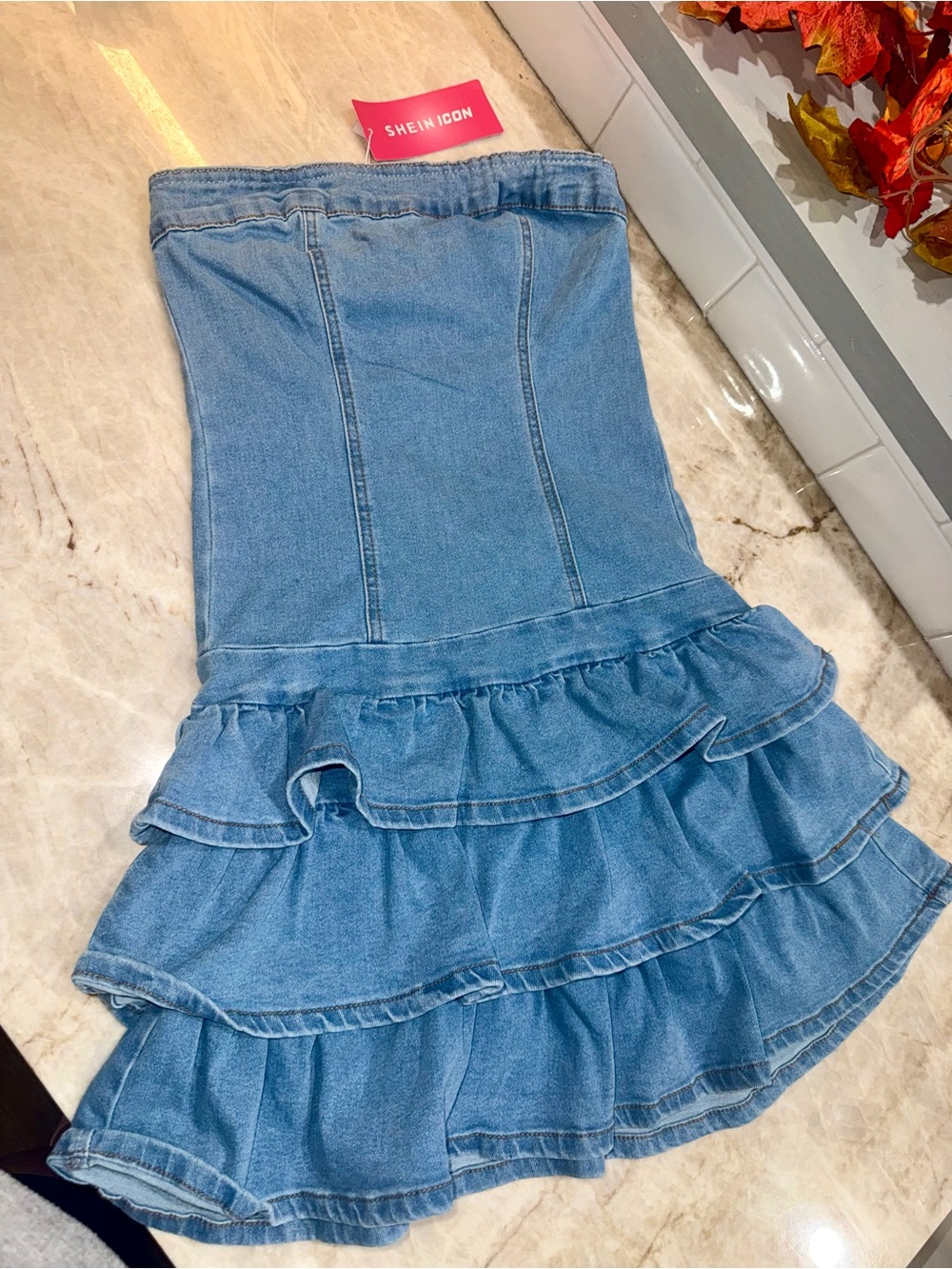 SHEIN Light Blue Strapless Ruffle Denim Midi Dress